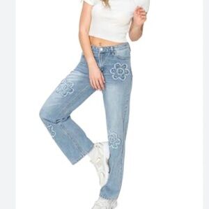 Women's Light Blue Floral Straight Leg Jeans